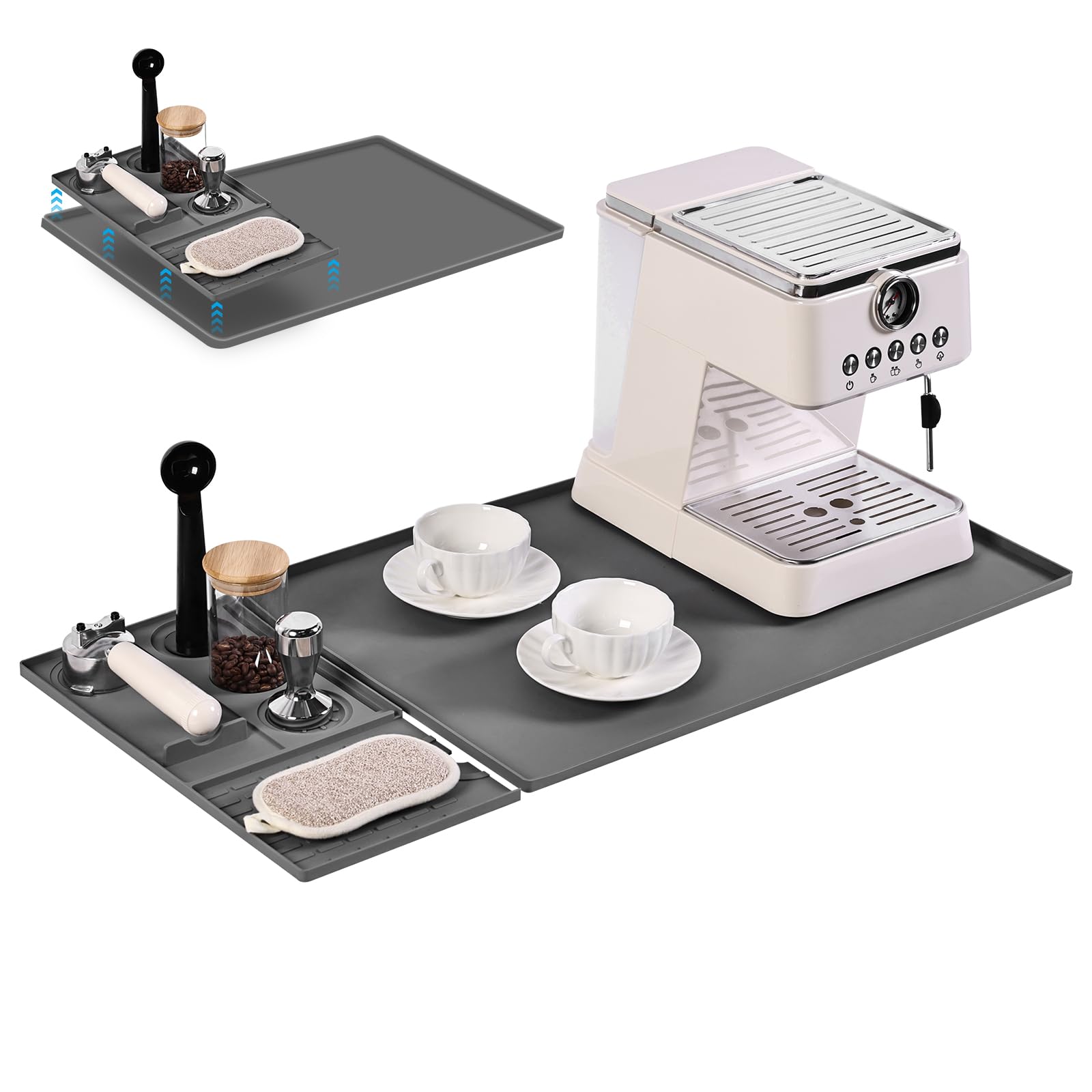 KitchenRaku 2-in-1 Non-Slip Silicone Coffee Machine Mat, Grey, 60x40cm