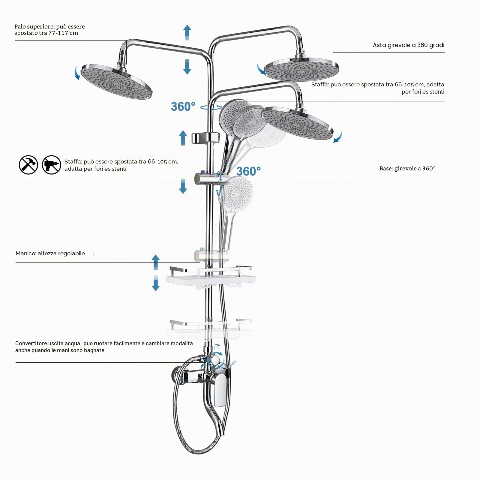 Colonna Doccia Cromo, Doccia idromassaggio, Colonna Doccia con Soffione, Set Doccia Completo con Miscelatore