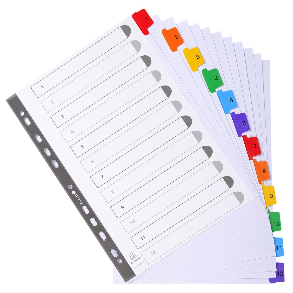 Exacompta - Ref. 1112E – Karton mit 20 Registern aus weißem Karton, 160 g/m², FSC® mit 12 digital bedruckten Registern von 1 bis 12 Farben, Indexseite bedruckbar, für DIN A4, Maße: 22,5 x 29,7 cm