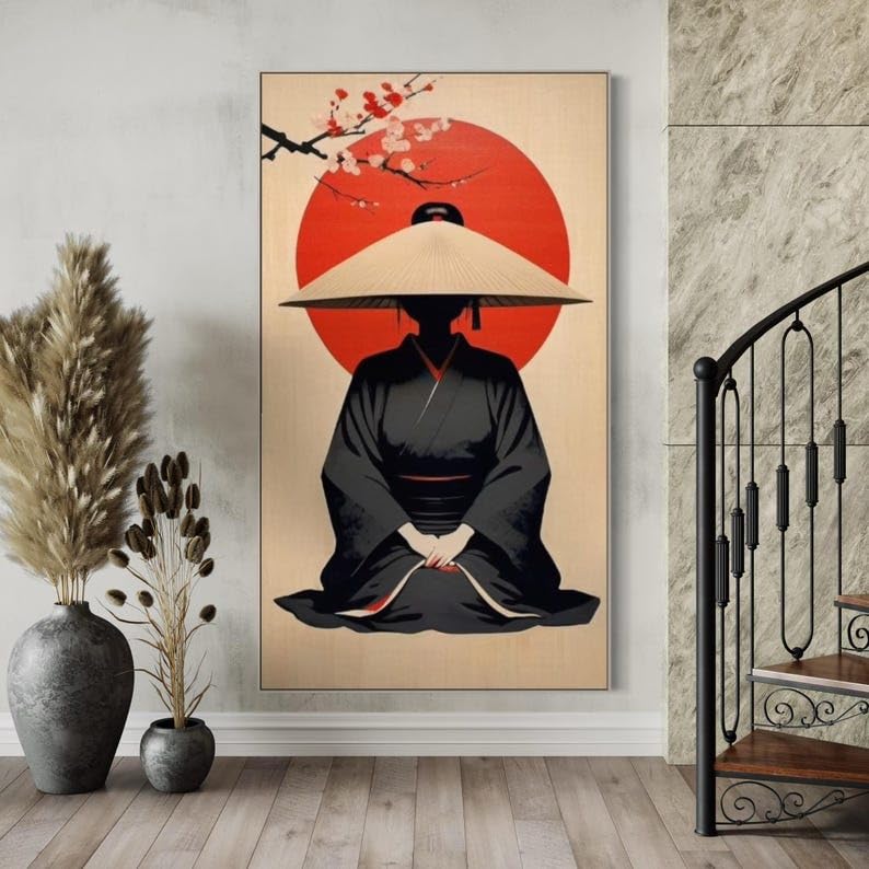 Art zen minimaliste : affiche femme japonaise en kimono, fresque 50x100 cm avec cadre