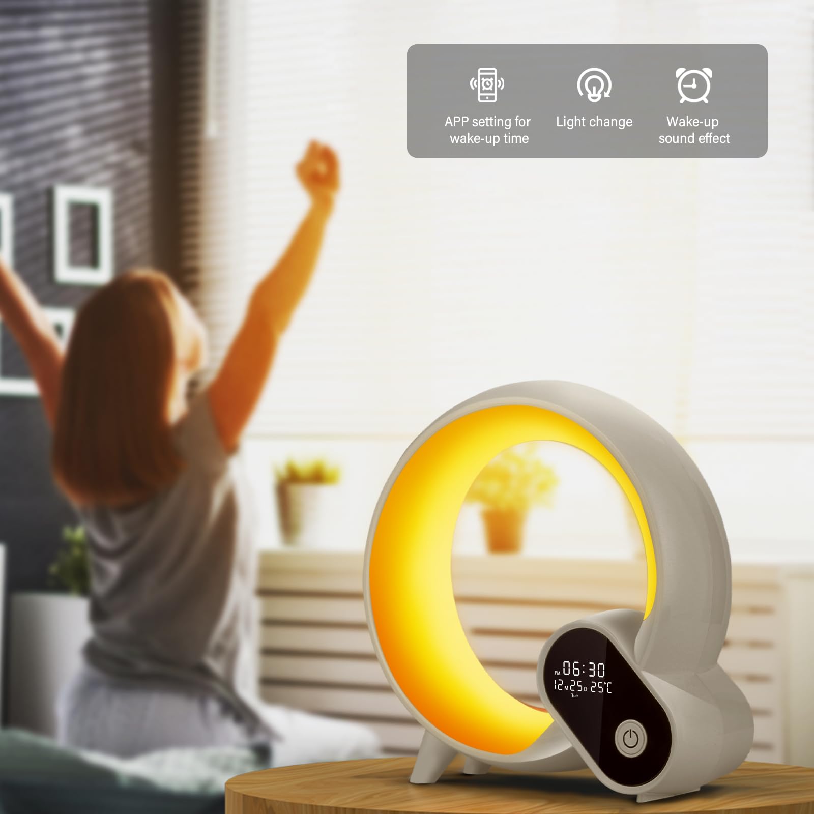 Sunrise Sveglia con luce sveglia – Smart Lights Sound Machine con controllo app, Bluetooth, ora, temperatura, visualizzazione della data, musica sonno atmosfera lampada