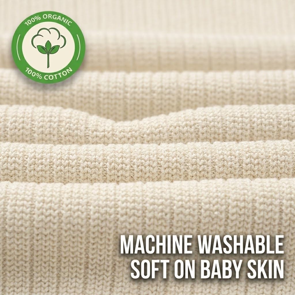 Knitted Organic Cotton Baby Blanket- Swaddle Blanket, 30" x 40" Soft Receiving Blanket for Newborn. (Ultra Soft Ivory)