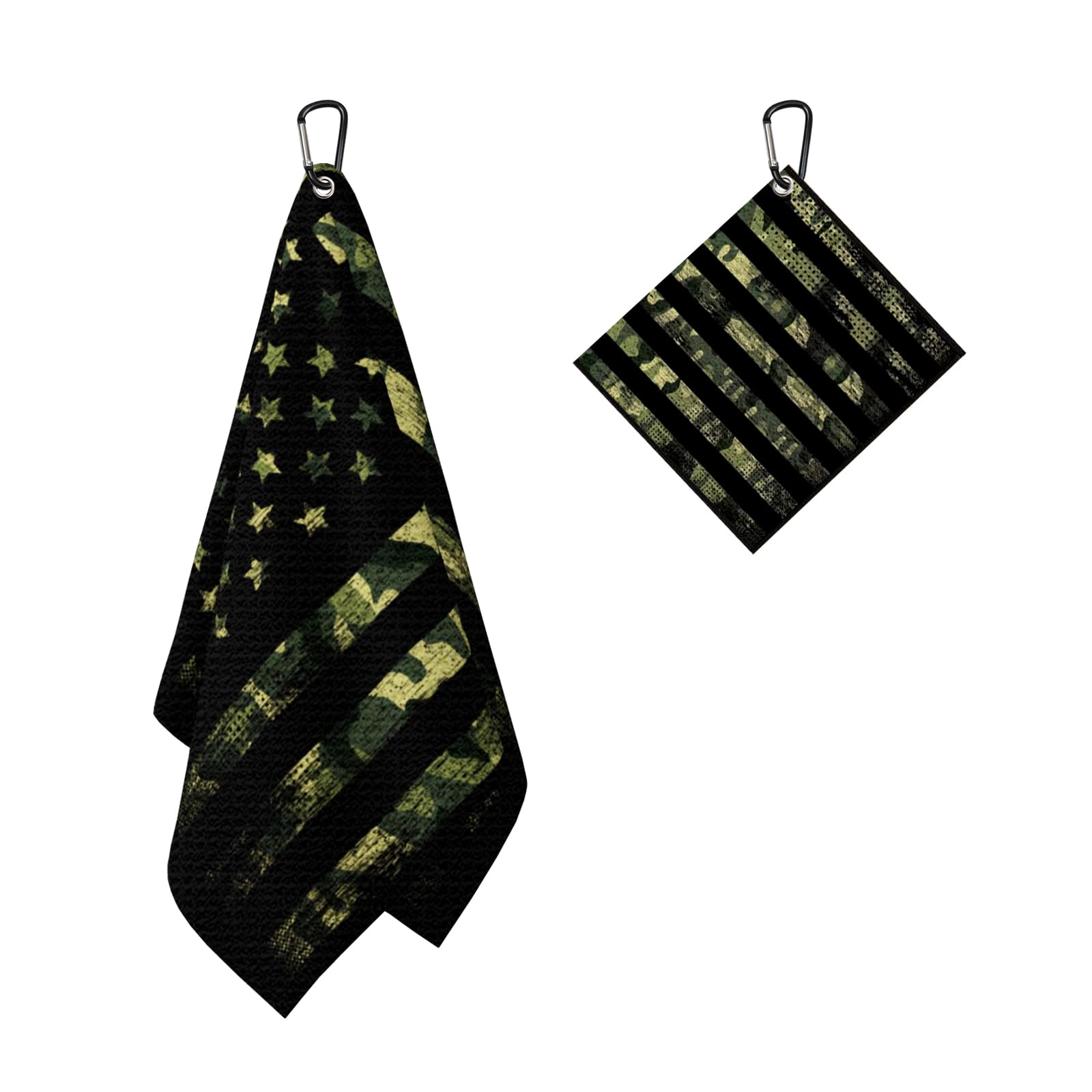 Paquete de 2 toallas de golf de camuflaje con bandera estadounidense, toallas de golf vintage para bolsas de golf, hombres y mujeres, toalla de golf de microfibra de camuflaje verde con clip,