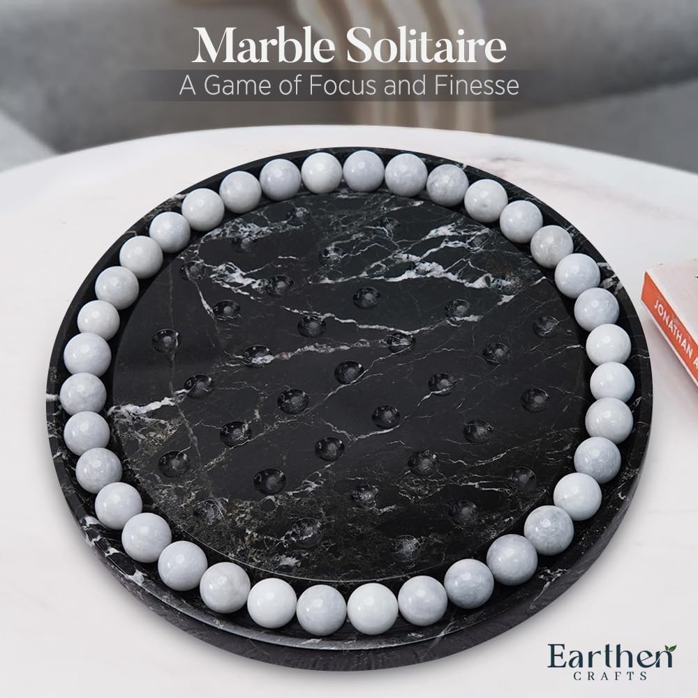Marble Peg Solitaire Board Game 10" Handmade Black Board with 42 White Marble Balls, Classic One-Player Brain Teaser Puzzle & Coffee Table Decor for Family