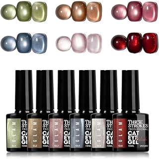 THR3E STROKES Glam Set - 6 Color Cat Eye Gel Polish Kit (7.5ml Each), 9D Magnetic Nail Polish Set for Galaxy & Velvet Effects, UV/LED Soak Off Sparkle Glitter Gel, Professional Nail Art Manicure Set (GLAM)