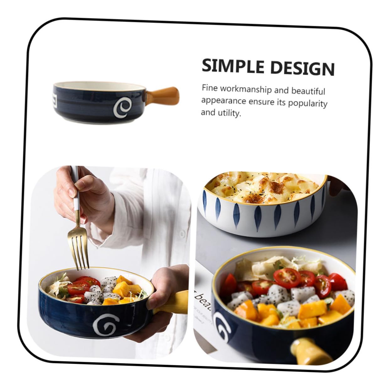 Tazón de Cerámica Redondo para Hornear y Ensalada con Diseño Azul, Fácil de Limpiar Rebabas, Adecuado para Cocina y Guardar Postres