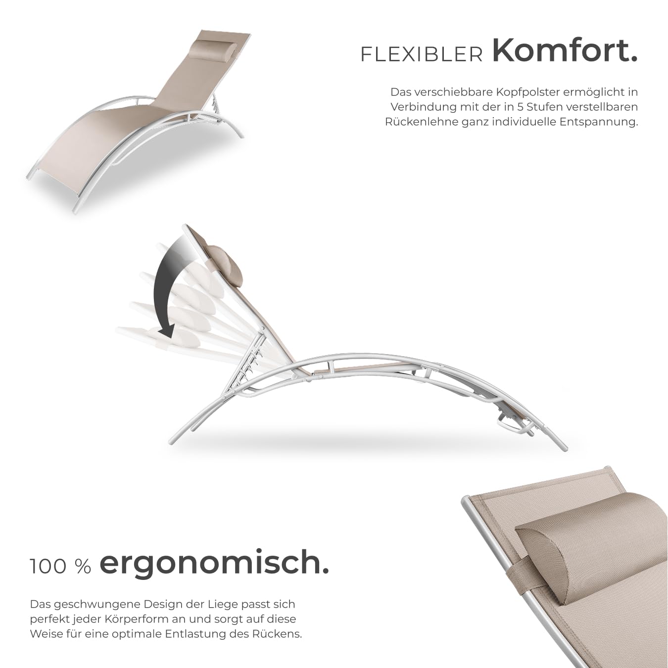 tectake 2er Set Gartenliege, Aluminium Sonnenliege, wetterfest, ideal für Garten, Balkon, Terrasse, praktischer Liegestuhl, inklusive Kopfpolster, 5-Fach verstellbare Rückenlehne -beige