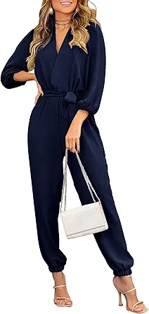 PRETTYGARDEN Women's Fall Jumpsuits Dressy Casual Pants Romper Spring Long Sleeve V Neck Belt Pockets One Piece Outfits