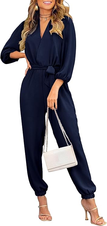 PRETTYGARDEN Women's Fall Jumpsuits Dressy Casual Pants Romper Spring Long Sleeve V Neck Belt Pockets One Piece Outfits