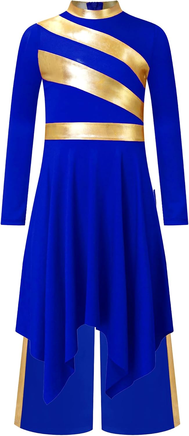 YiZYiF Kids Girls Asymmetrical Wide Leg Jumpsuit Praise Dance Outfit Lyrical Prayer Clothes Worship Dress
