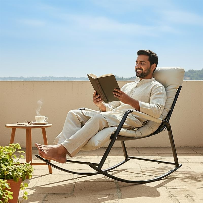 Image of Padded Rocking Lounge Chair with Thick Tufted Cushion, Sturdy Metal Frame, Modern Indoor Rocker Armchair for Living Room, Bedroom, Reading Corner, or Relaxation Space (Cream, Small)