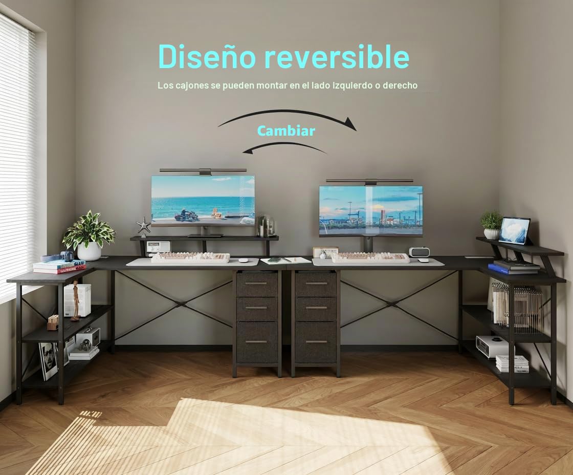 Schreibtisch L Form mit 3 Stoff Schubladen, 140 * 80cm Reversibler Eckschreibtisch mit Monitorständer, Steckdose und USB-Ladeanschluss für Homeoffice, Schwarz