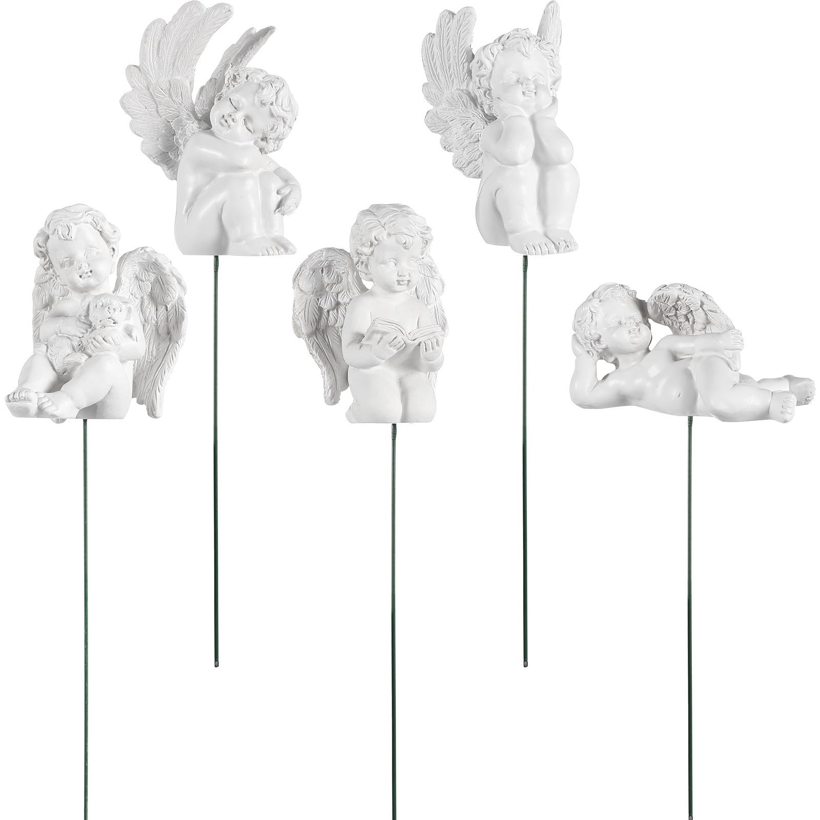 SHINEOFI 5pcs Decorative Angel Garden Stakes, Resin Angel Statue Adornments, White Garden Wings Ornaments for Lawn Patio Grave Cemetery Weather Balcony Outdoor Decor