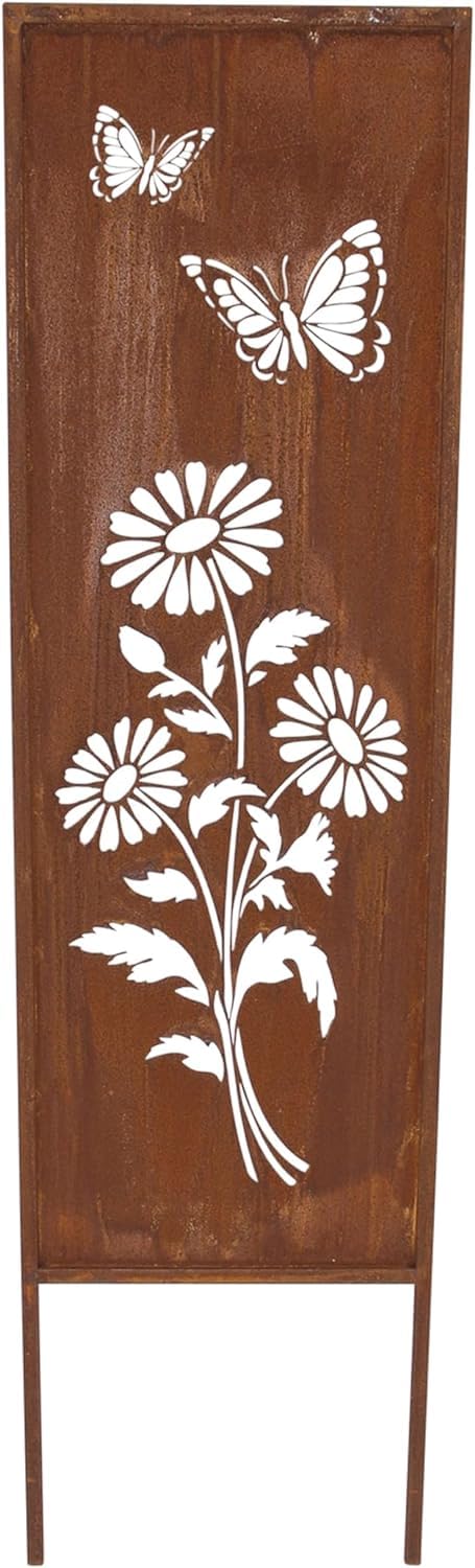 Plaque décorative en métal « Fleurs et papillons » avec finition en rouille véritable, 117 cm de haut, plaque décorative pour jardin, piquet de jardin