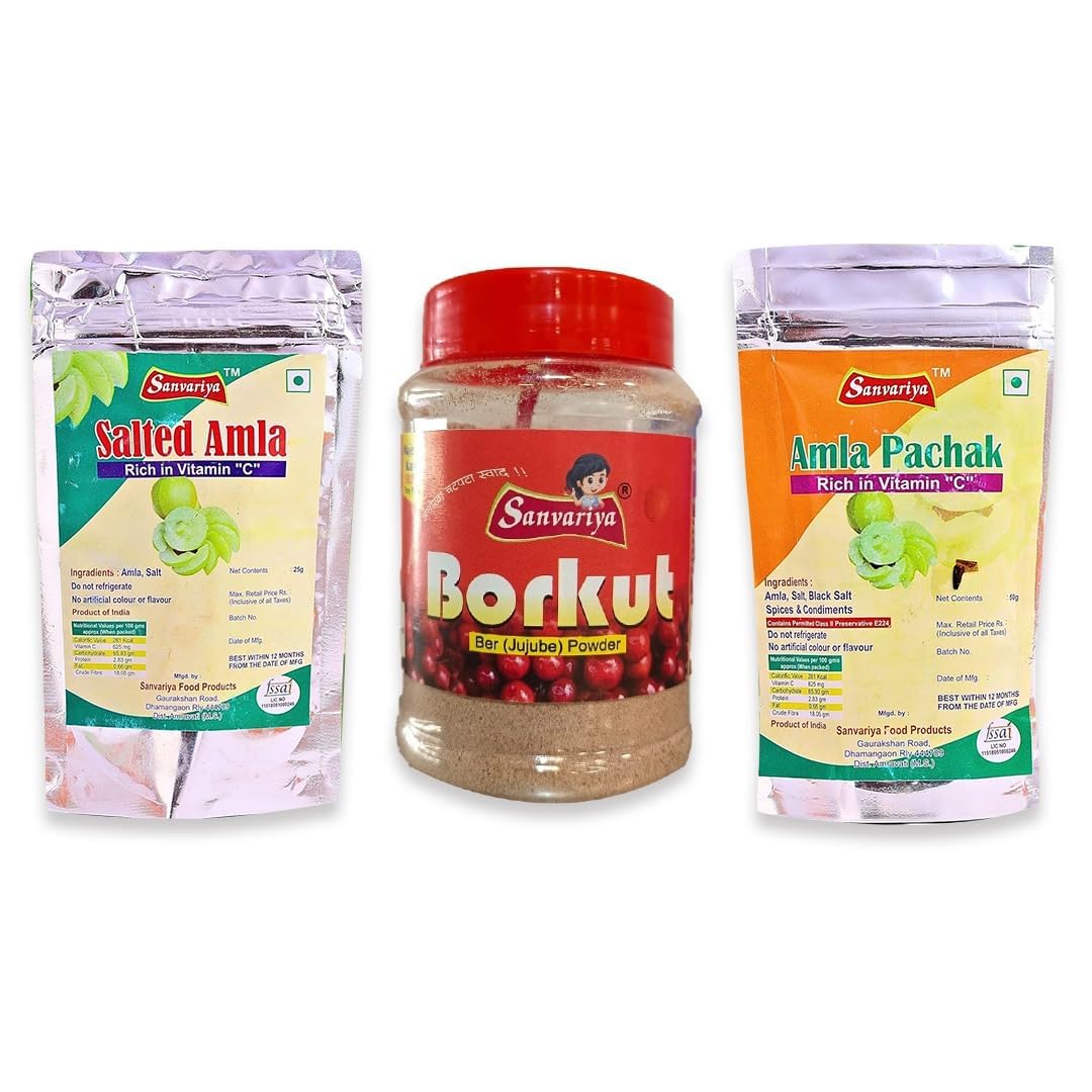 Sanvariya Foods Organic Borkut Powder 125g, Salted Amla 25g & Amla Pachak 50g, Boosts Digest & Immunity, Source of Vitamin C, Antioxidants, Googeberry Candy, Ayurvedic Daily Wellness Boost- Pack of 3