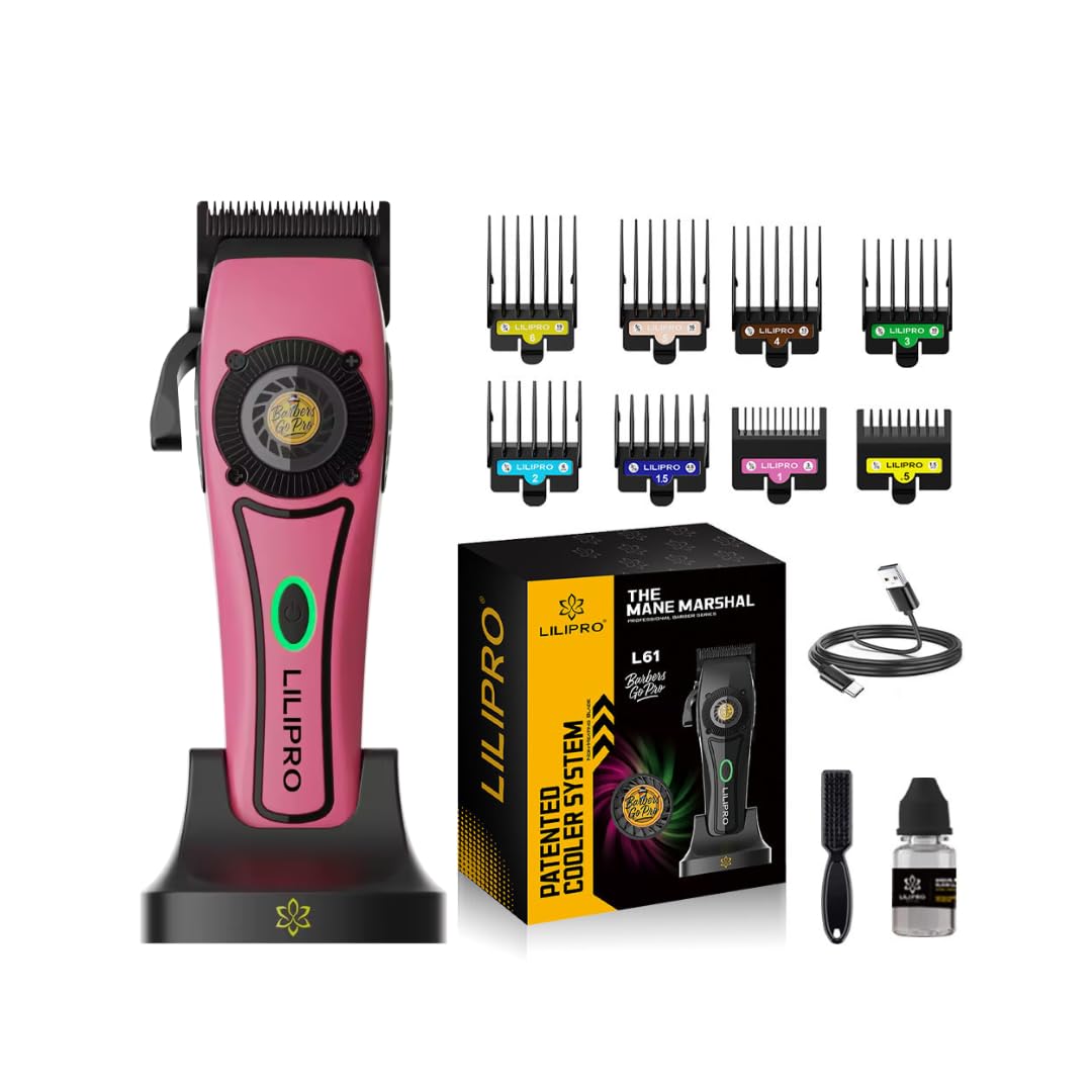 Tagliacapelli professionale senza fili da uomo – Motore 10.000 RPM, lama DLC Fade Blade ultra precisa, ricaricabile, 6 zoccoli di taglio, tosaerba potente per barba, capelli e contorni, rosa