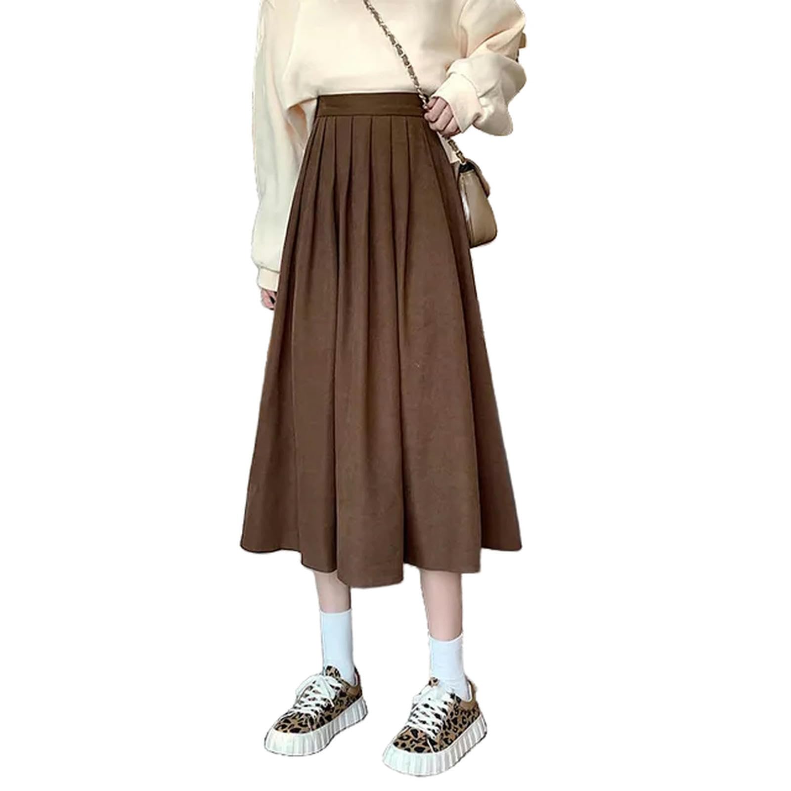 MdybF Women'S Skirts Vintage Brown High Waist Pleated Skirt Women College Long Skirt Ladies Autumn Casual A Line Skirts - M - Brown