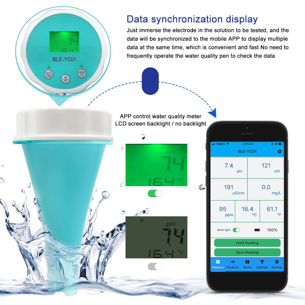 6 en 1 Bluetooth Pool Monitor Smart Pool Water Quality Tester Digital Temp Cloro, Pool Termómetro, PH CL EC TDS ORP Temperatura para Piscina, Acuario, Laboratorio