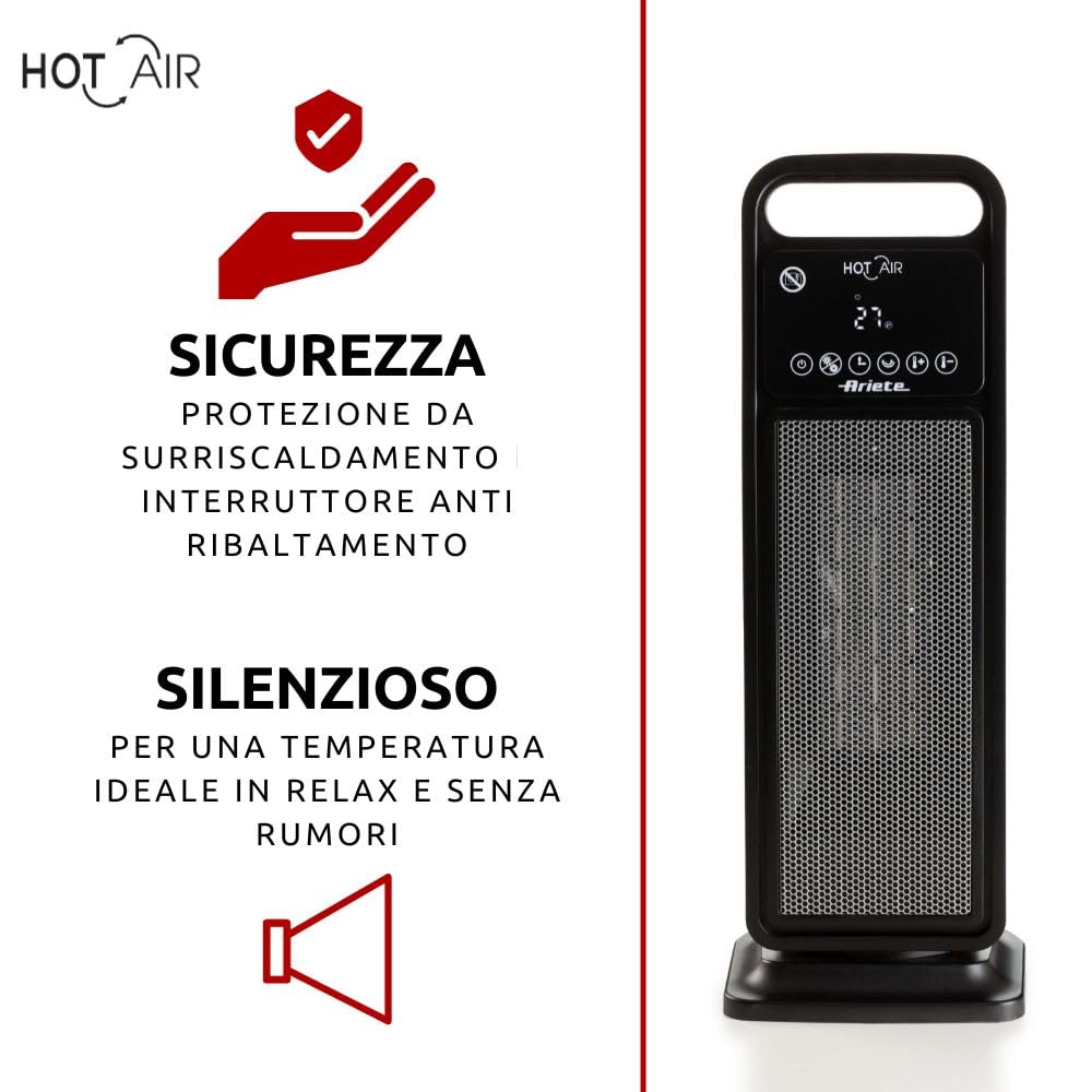 Ariete 8212 Stufa elettrica a torre, 2000W, Funzione ventilazione, Funzione oscillazione, Timer fino a 8 ore, Led display, Tecnologia ceramica, Basso consumo energetico, Nero