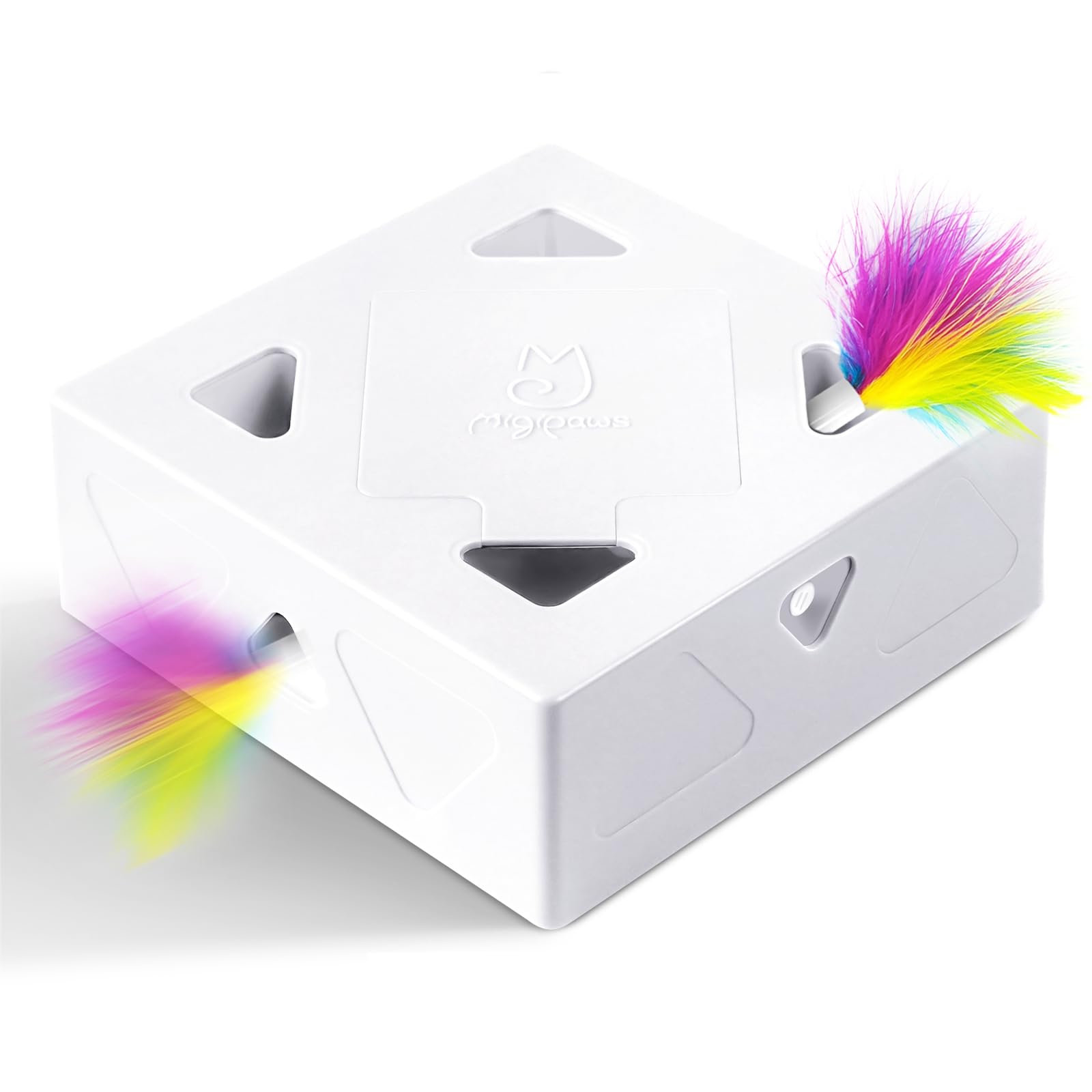 Migipaws cat toys, interactive automatic 7-hole-mouse MigiBox, intelligent feather kitten toy, Cardboard toy for bored cats, Rechargeable, 5ps Accessories