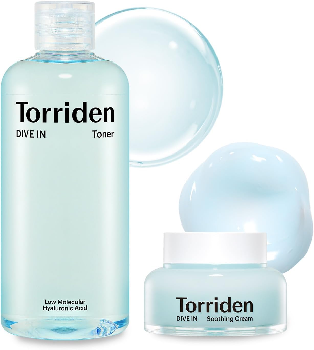 TORRIDEN Dive-in Low-Molecular Hyaluronic Acid Toner, 10.14 fl oz + Soothing Cream 3.38 fl oz | Vegan Clean Cruelty Free Facial Ampoule Moisturizer Astringent Alcohol-Free Fragrance-Free