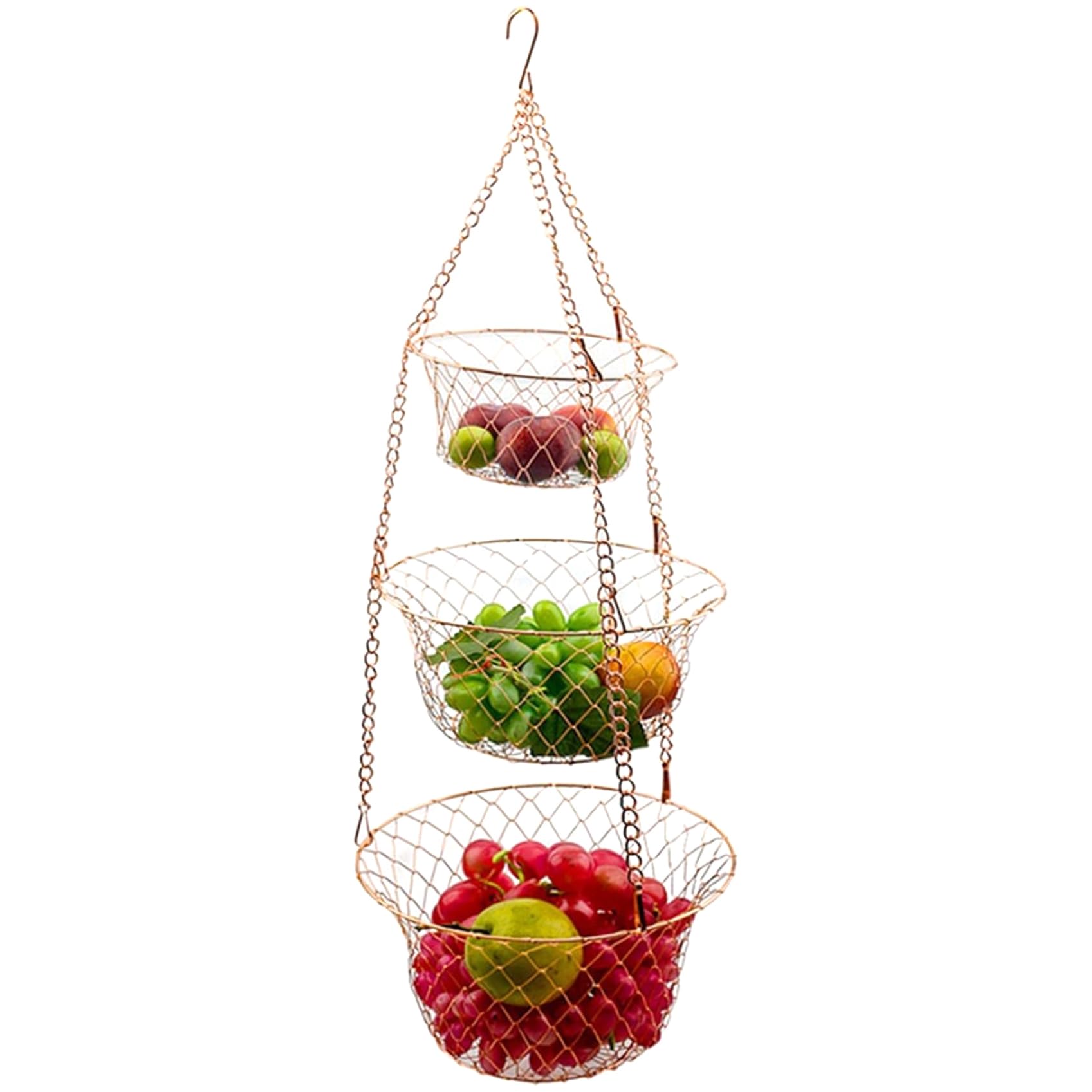 Hotainoys Rose Gold Hanging Fruit Basket, 3-Tier Metal Hanging Baskets For Kitchen With Foldable Design, Sturdy Iron Storage Organizer For Fruits And Vegetables Fruit Basket