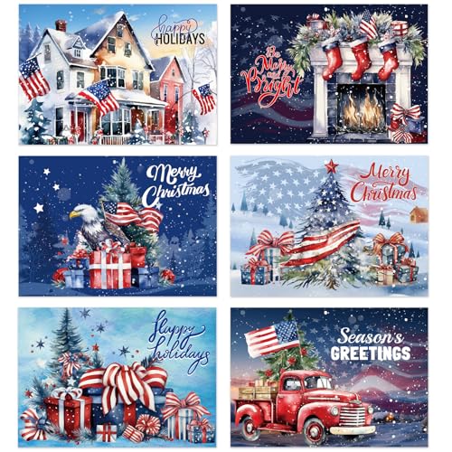 Fancy Land American Flag Christmas Cards Patriotic Christmas Greeting Card Bulk for Xmas Holiday Supplies 12 Pcs