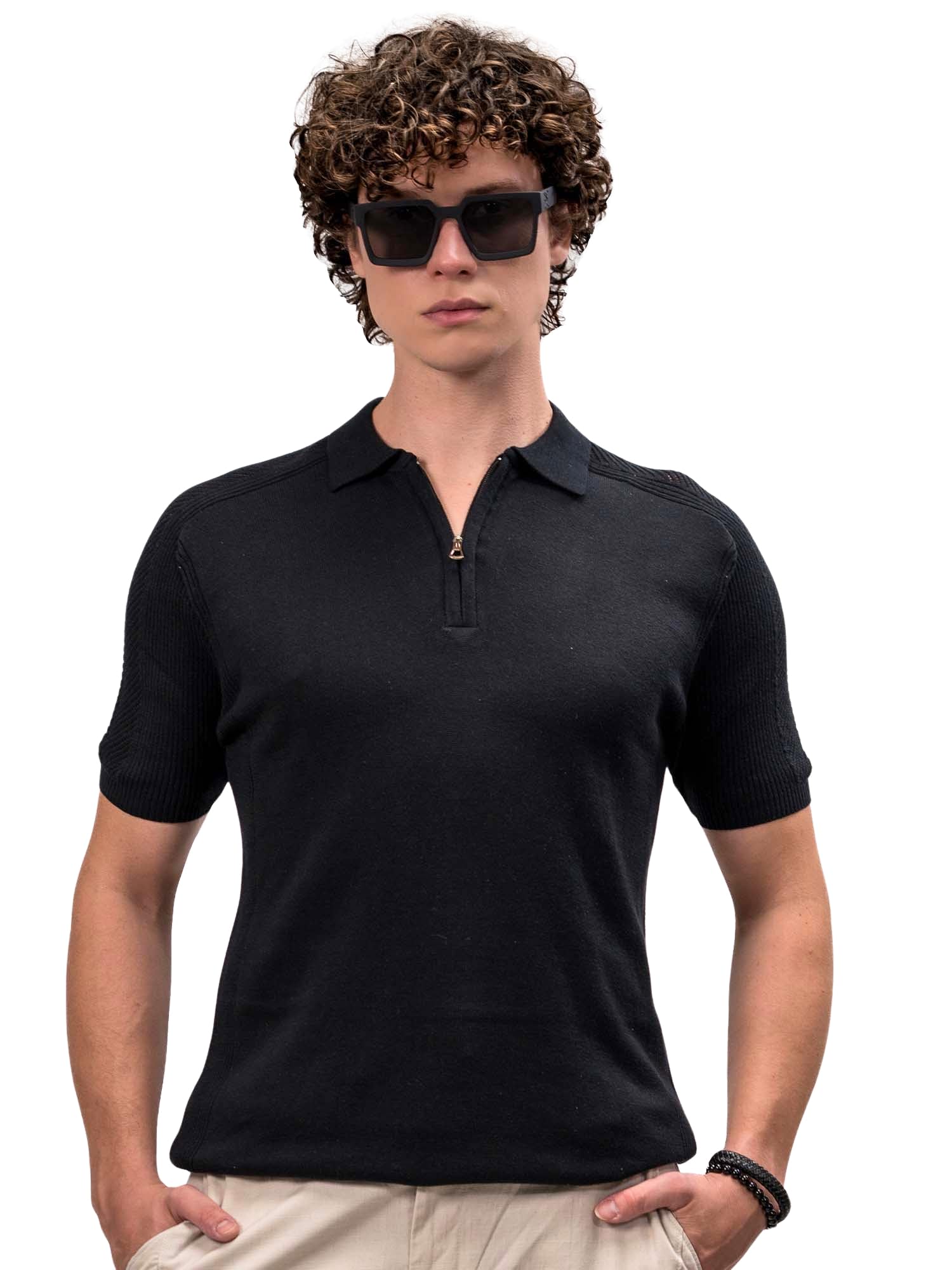 maniac || Mens || Textured ||Flat Knit || Polo Neck || Half Zipper || Cotton T-Shirt-picture-19