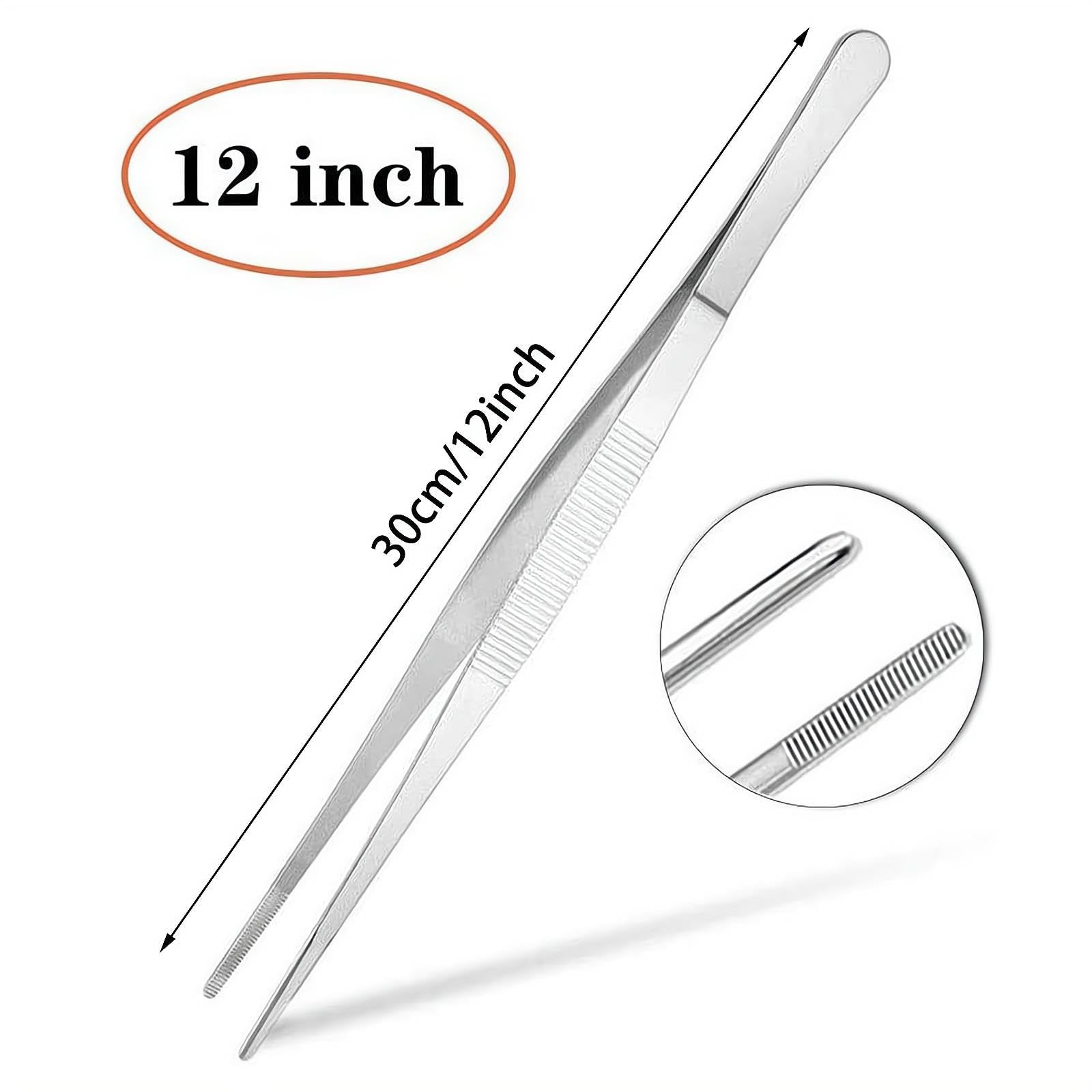 2Pcs Stainless Steel Kitchen Tweezers, 12-Inch Culinary Fine Tweezer Tongs Food Tongs for Cooking Tongs with Precision Serrated Tips for Surgical & Sea Food (12-Inch/2Pcs)