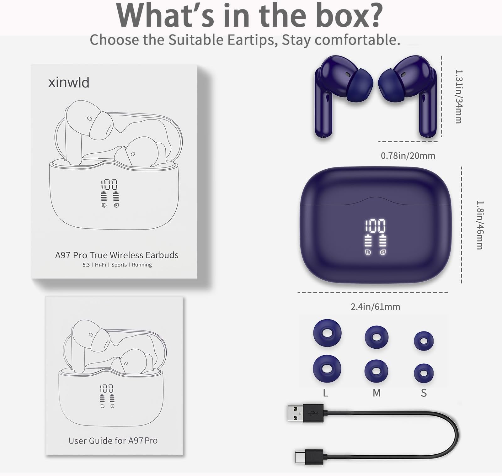 Wireless Earbuds, Bluetooth Headphones Bluetooth 5.3 Earphones, 2023 Bluetooth Headphones with 13mm Drivers, IP7 Waterproof Ear buds Wireless Earbuds, 36H Playtime, LED Display, Mini Ultra Light, Blue