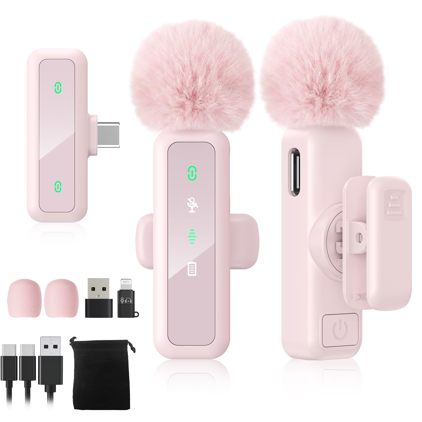 【新型ピンマイク】BILIWAL ピンマイク ワイヤレス iPhone iPad Android対応 瞬時接続 音画同期 5X LED指示灯搭載 ノイズ軽減 9時間連続使用 360°集音 360°回転可 クリップ式 超ミニ 2個セット Lightning変換器+収納袋＋防風毛ヘッド2個付き Vlog撮影/動画配信/生放送/ASMR/TikTok用（受信機:Type-C端子）