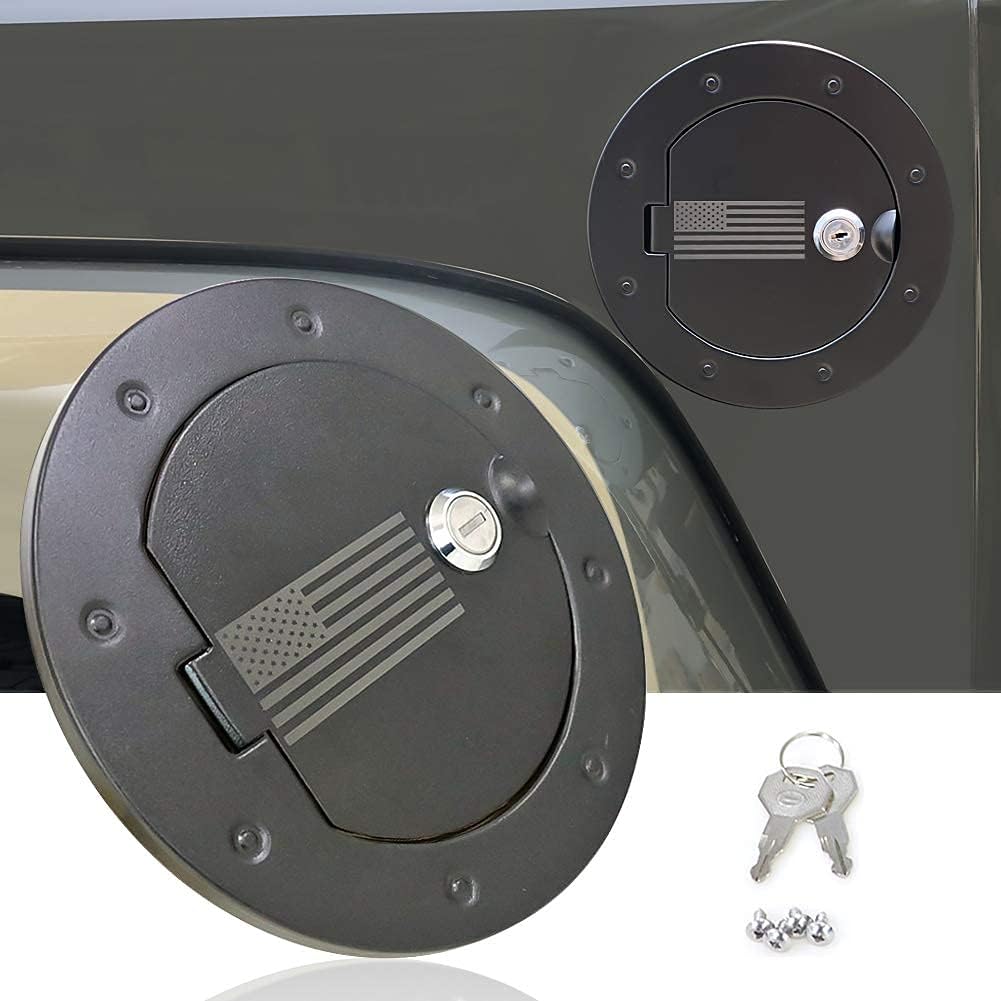 BESTAOO Aluminium Fuel Filler Door Cover for 2007-2017 Jeep Wrangler JK & Unlimited Sport Rubicon Sahara, Locking Gas Tank Cap Cover for 5th Wheel Toy Hauler Fuel Station - USA Flag