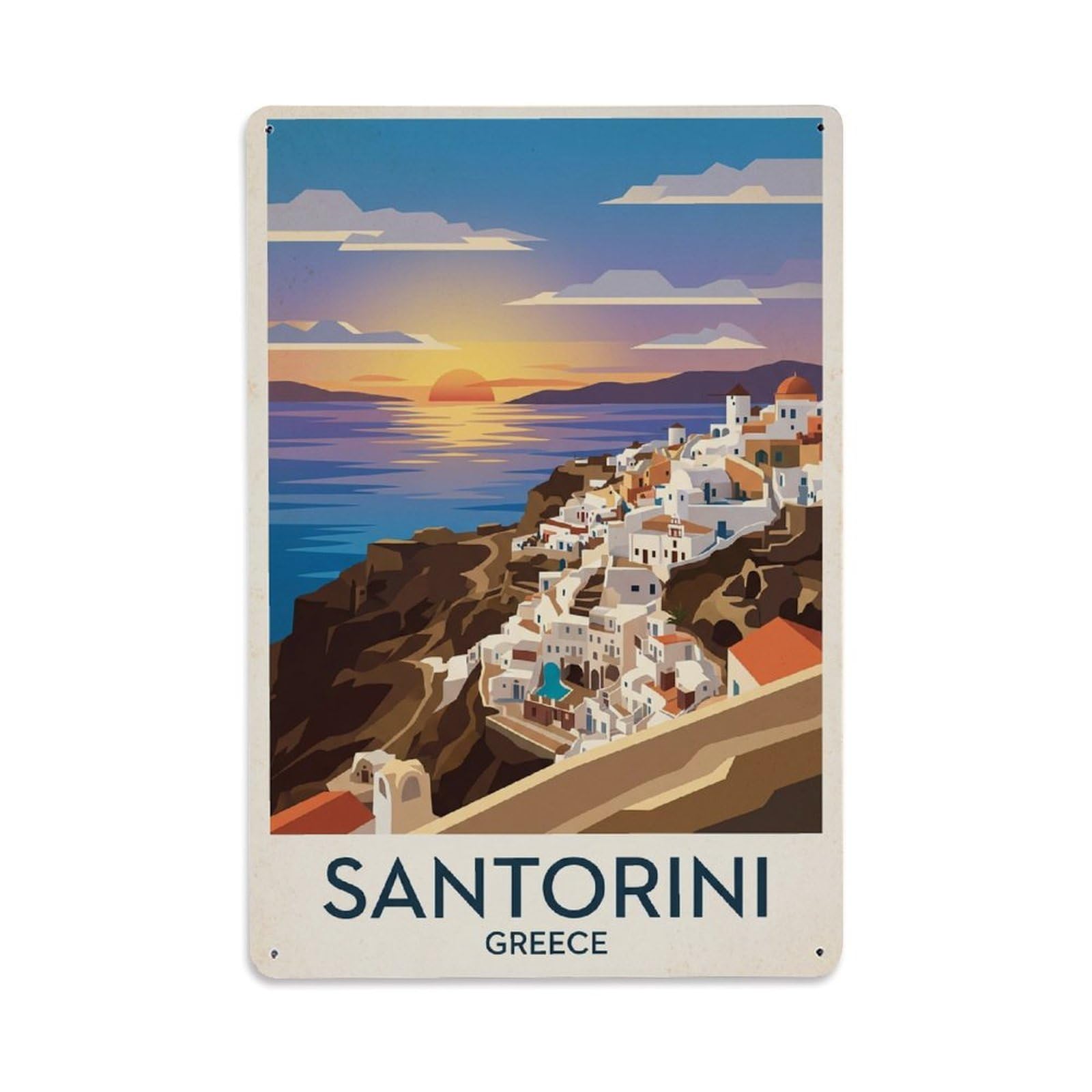 Fyrn Style Metal Tin Sign Vintage Travel Santorini Greece Sunset
