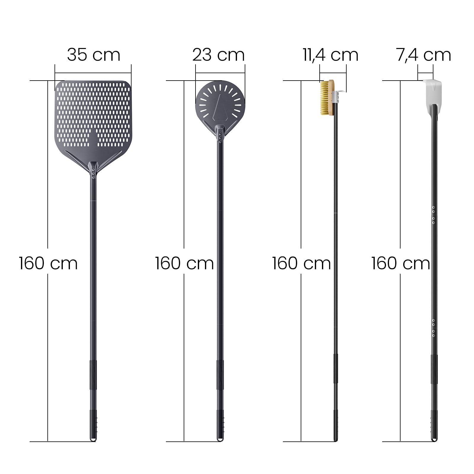 4er Pizzaofen-Set Gesamtlänge 160cm, 35 cm Rechteckiger Pizzaschieber 23 cm Pizzaschaufel aus Hart Eloxiertes Aluminium, Pizzaofenbürste, Ascherechen, Holzofen Pizzaofen Zubehör für Restaurant