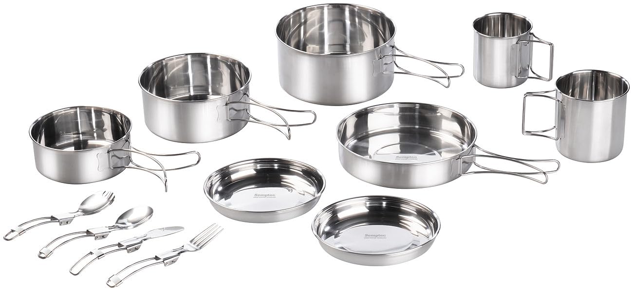Semptec Urban Survival Technology Camping-Pfanne: 24-teiliges Edelstahl-Camping-Kochgeschirr-Set mit Besteck und Tasche (Outdoor-Geschirr, Topfset)