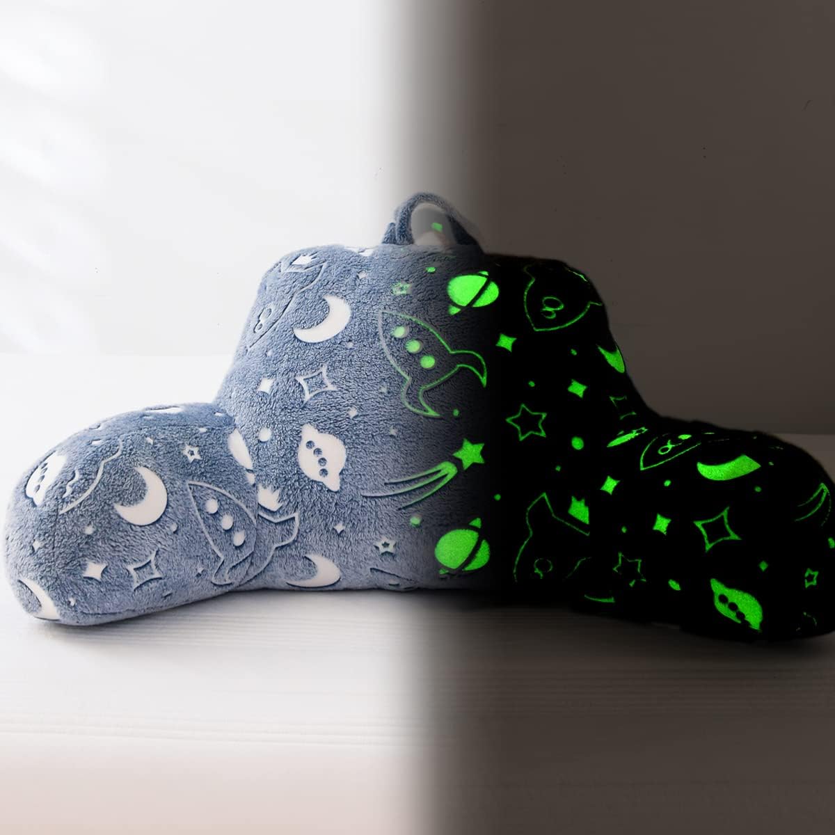 Holawakaka Glow in The Dark Reading Pillow for Sitting up in Bed Sofa Kids Teens, Space Rocket Moon Stars Backrest Pillow with Arms for Boys Girls, Back Support Cushion for Couch Nursery Playroom Navy Blue 18inches
