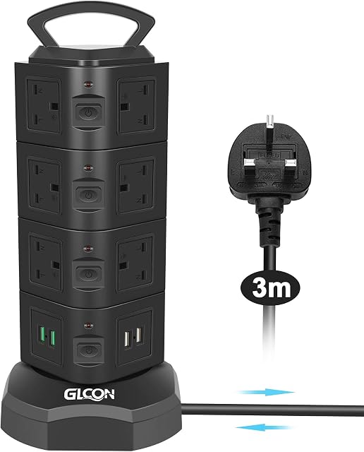 14 Way Power Strip GLCON Tower Extension Lead with 4 USB Ports Multi Sockets Desktop Charging Station 3m Retractable Extension Leads for PC/TV/Printer/Phone/Ipad/Laptop, 2500W