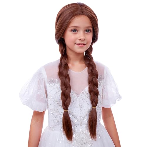 Miniatura 50 de Peluca trenzada negra con flequillo para niños, peluca larga y recta con 2 coletas, pelucas sintéticas para niñas, pelucas sintéticas con gorra