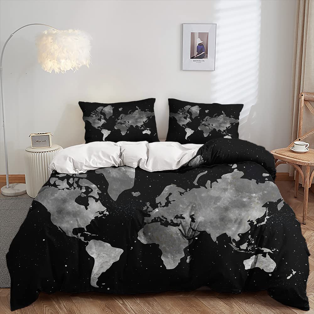 ZZXHG Double Duvet Covers Set Black World Map Soft Microfiber Bedding Double Bed Set for Teens Adults, Reversible Quilt Covers with Zipper Closure + 2 Pillowcases 50x75cm - 200x200 cm