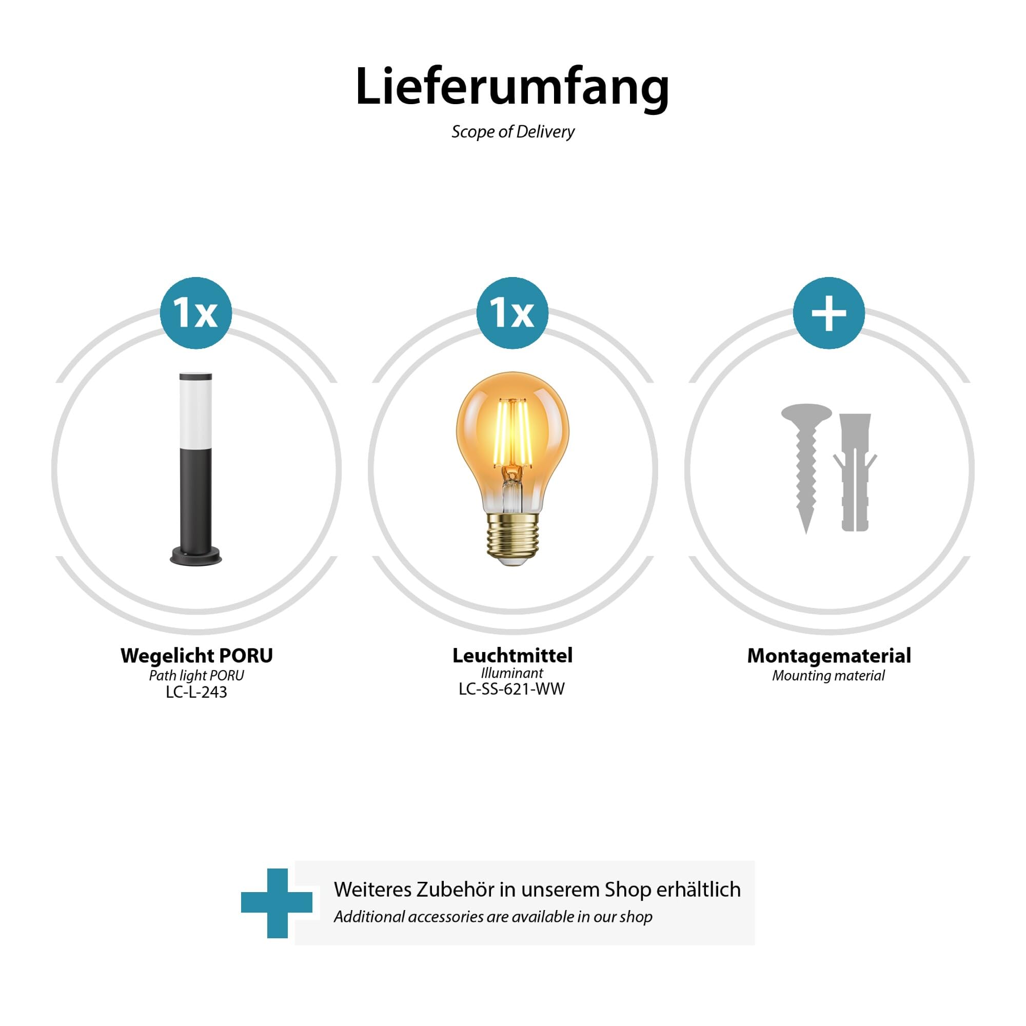 ledscom.de 3x Pollerleuchte PORU schwarz für außen, Edelstahl, rund, 38,5cm, inkl. E27 Lampe 3,99W extra-warm-weiß 471lm
