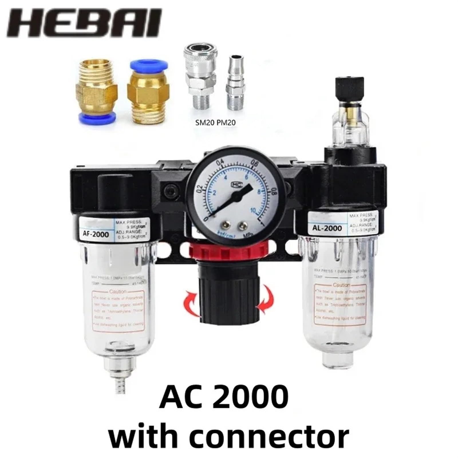 AC2000 avec raccords 1/4 pouce régulateur de pression manomètre compresseur d'air filtre séparateur d'huile 1 pièces(No Fittings)