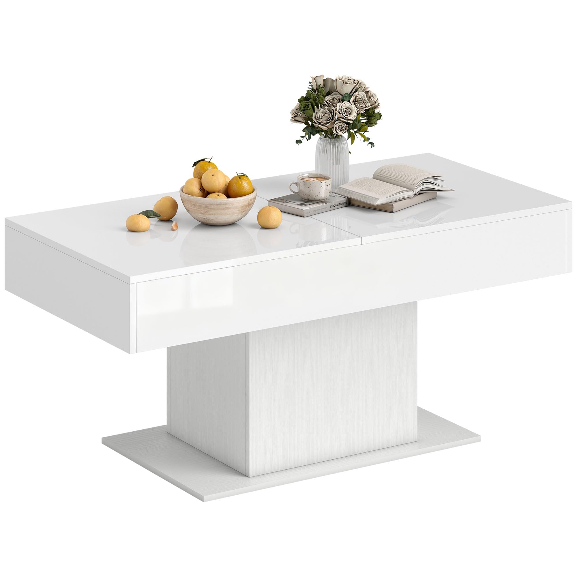 HOMCOM Tavolino da Caffè Estensibile con Vano Contenitore, Tavolino Salotto Allungabile Moderno con Piedini Antiscivolo, Tavolo Soggiorno per Casa Ufficio, 108-178.5x53x49 cm, Bianco Lucido