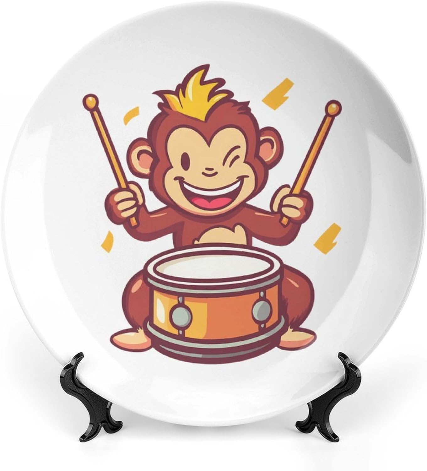 Playful Monkey Playing Drums Decorative Plates for Display Ceramic Plate Tray with Stand Hanger Home Decor