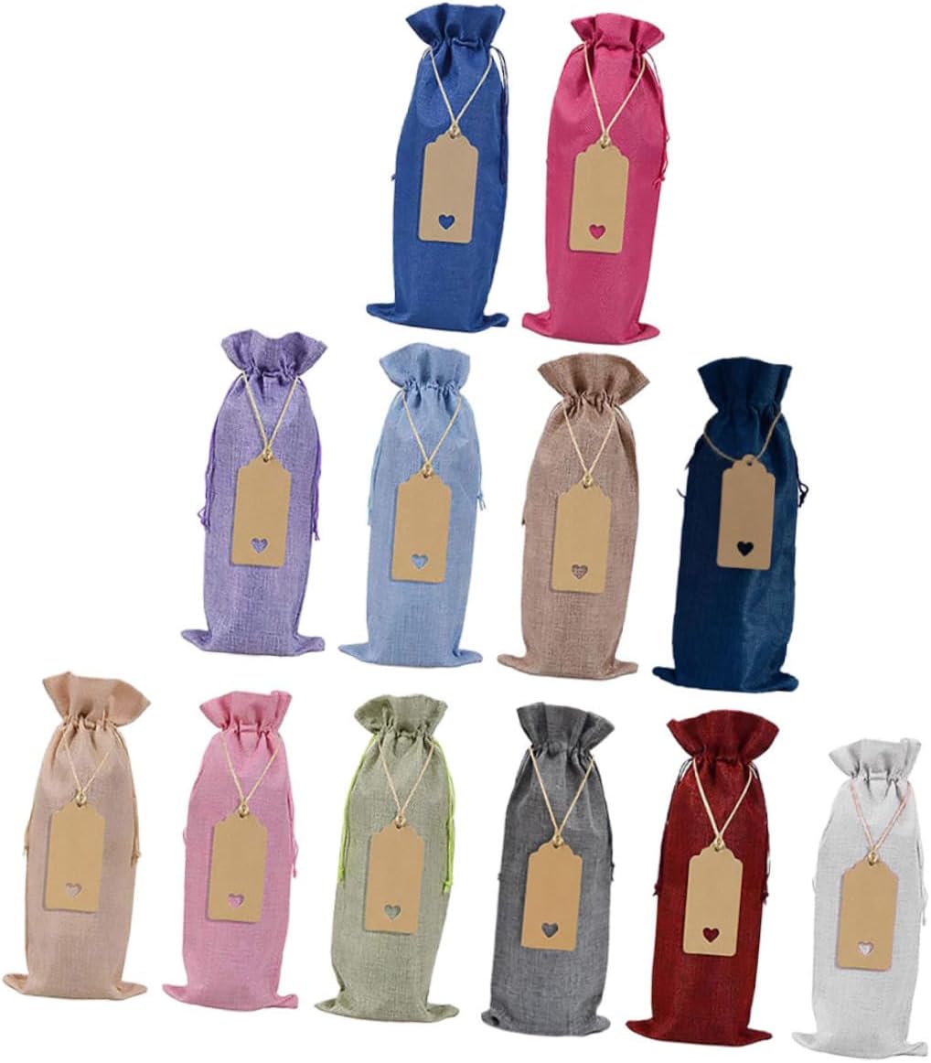 12 Set of Wine Bottle Covers Holder Bags with Burlap Pouches Paper Tags for Parties Decor
