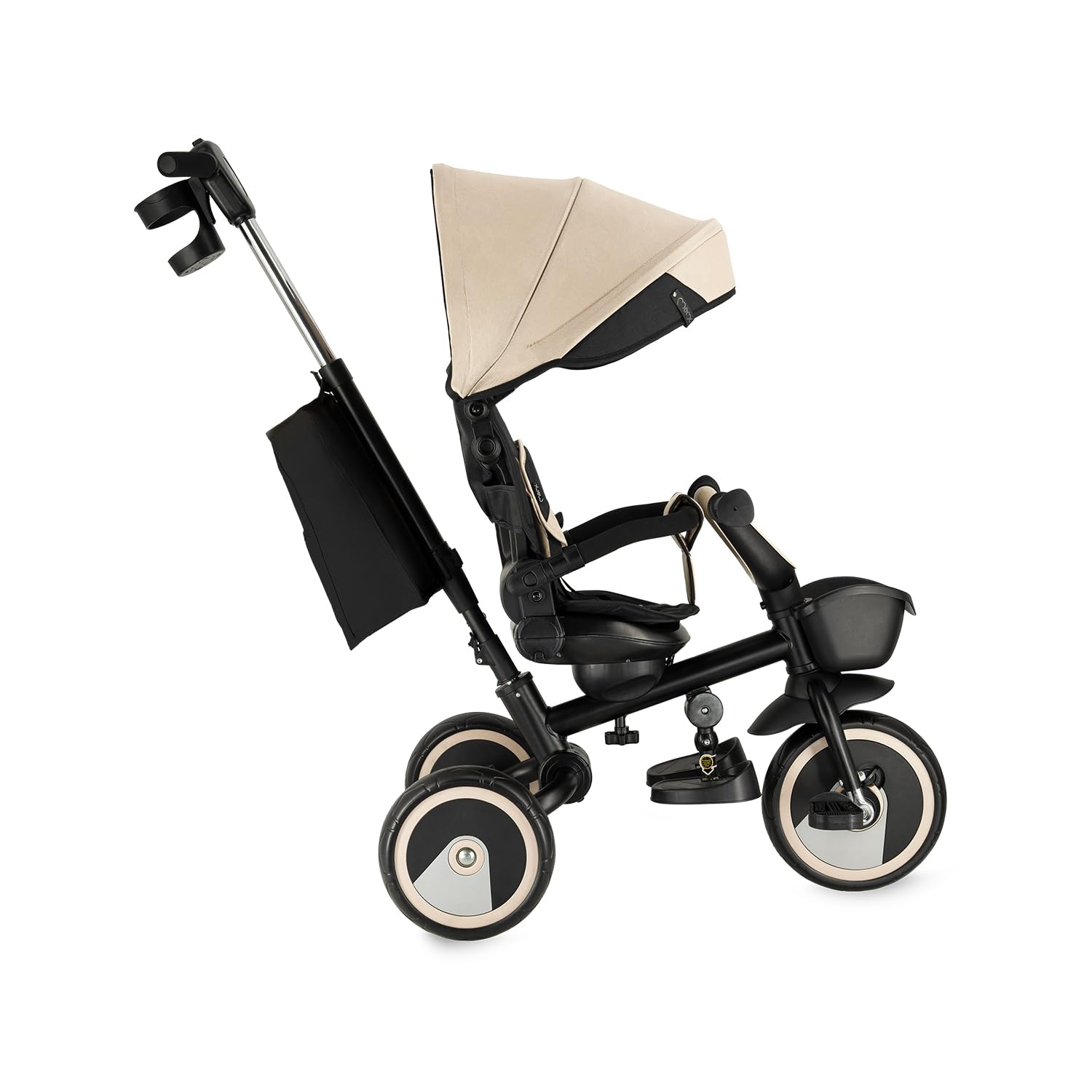 Triciclo per bambini MoMi IVI, seduta girevole 360°, cinture a 3 punti, poggiapiedi, tettuccio parasole, ruote EVA, manubrio regolabile, borsa e cestino portaoggetti
