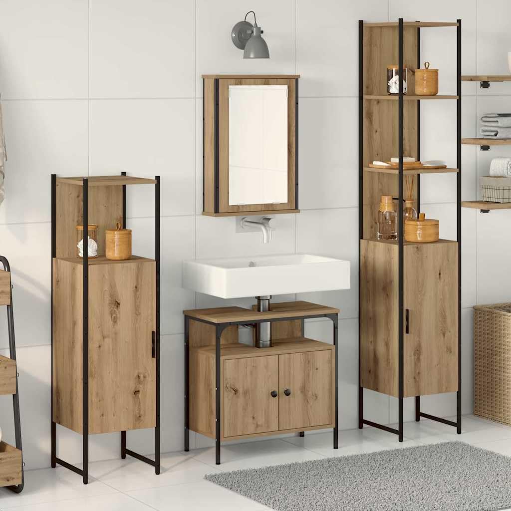 Juego de muebles de baño de madera de roble Artisan, con estante y espejo, 4 piezas, montado en la pared, ahorra espacio, con espacio de almacenamiento, cajón y armario para lavabo para baño