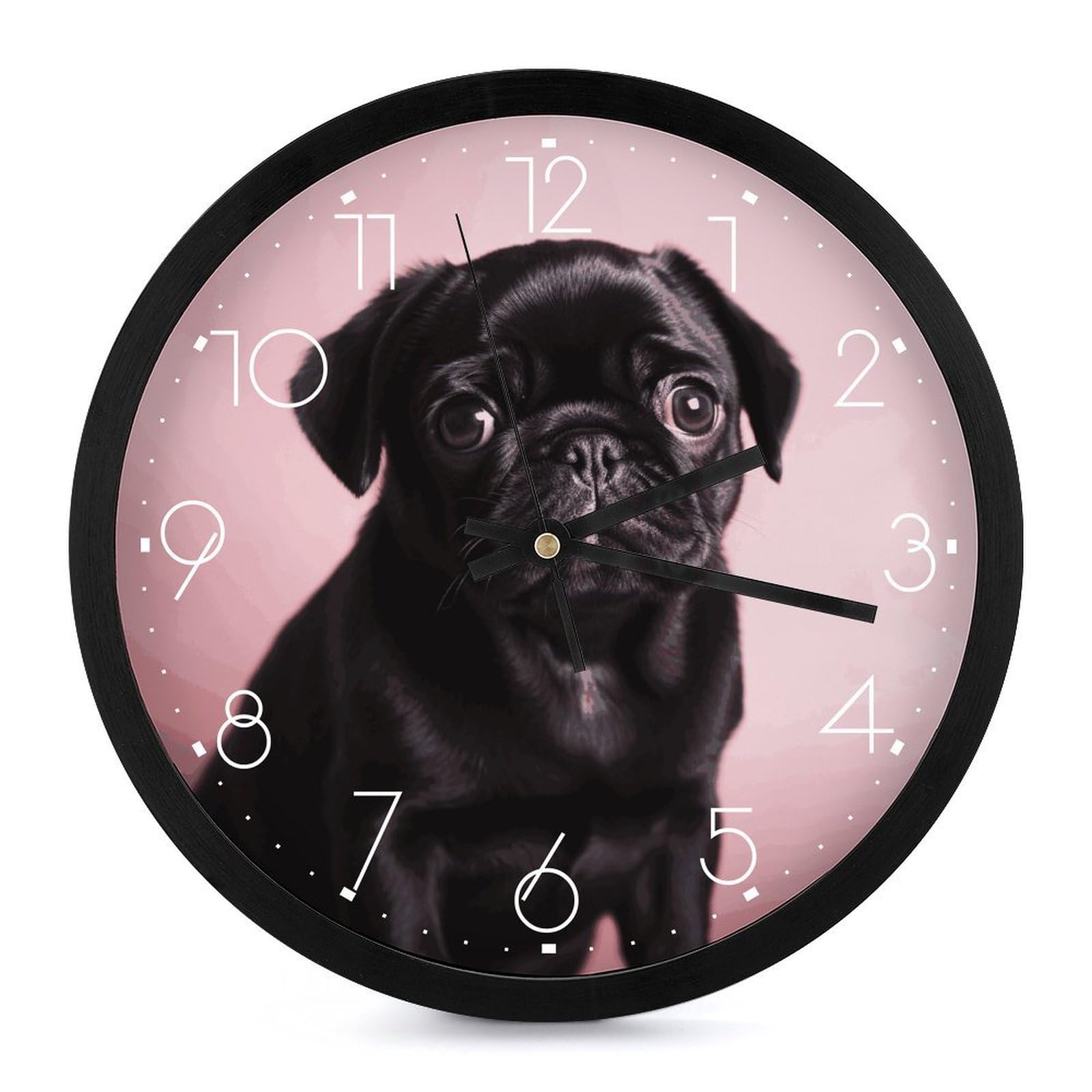 Horloge murale silencieuse à piles avec motif carlin noir de 25 cm