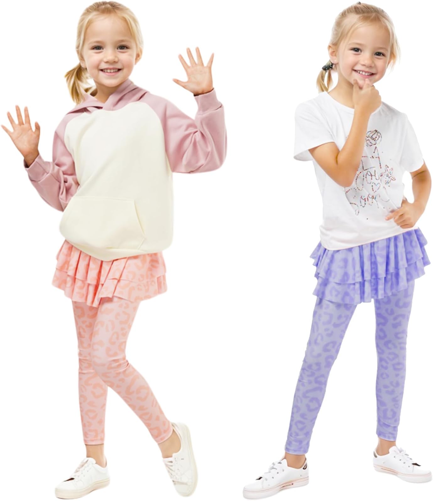 GogokidsGirls' 2 Pack Leggings with Faux Skirt Design & Ruffled Hem, Kids Stretch Pantskirt Trousers Full Length Pants Girls Activewear Legging for Yoga, Cycling and Casual Wear - Fit for Ages 3-12
