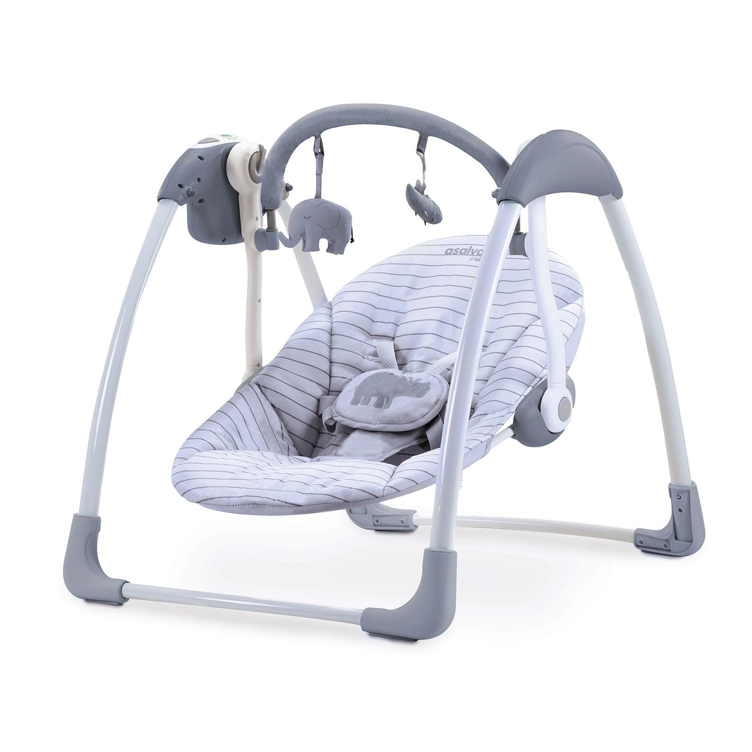 Asalvo Daddy Columpio para bebé con luz y carrusel, 5 velocidades de balanceo automático, 16 melodías Musicales, 5 Sonidos Relajantes, Segura, Desde recién Nacido hasta los 9 kg, Hippo Gris