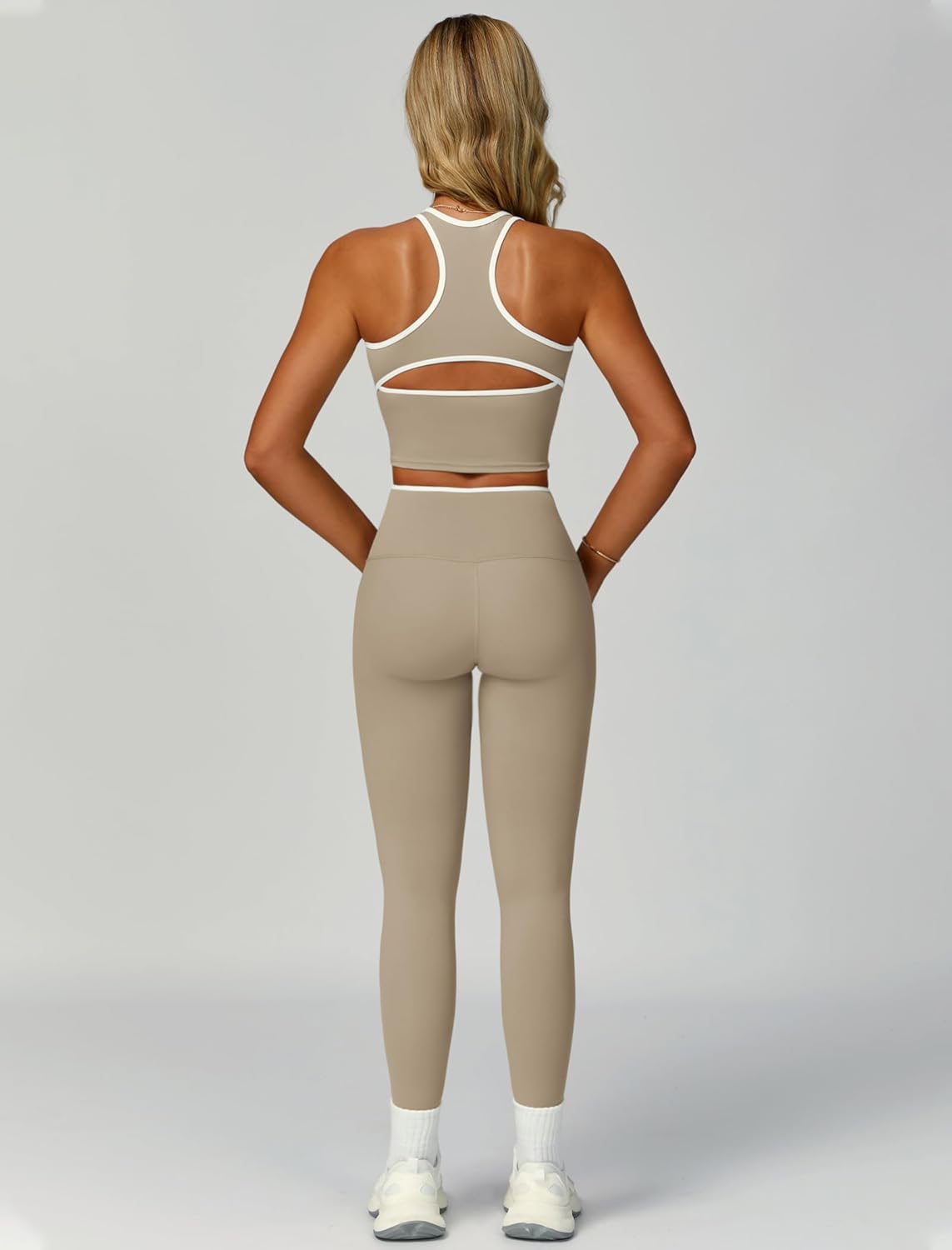 Womens Workout Set Two Piece Racerback Color Block Tank Tops Matching High Waist Leggings Gym Work Out Outfits - Image 5